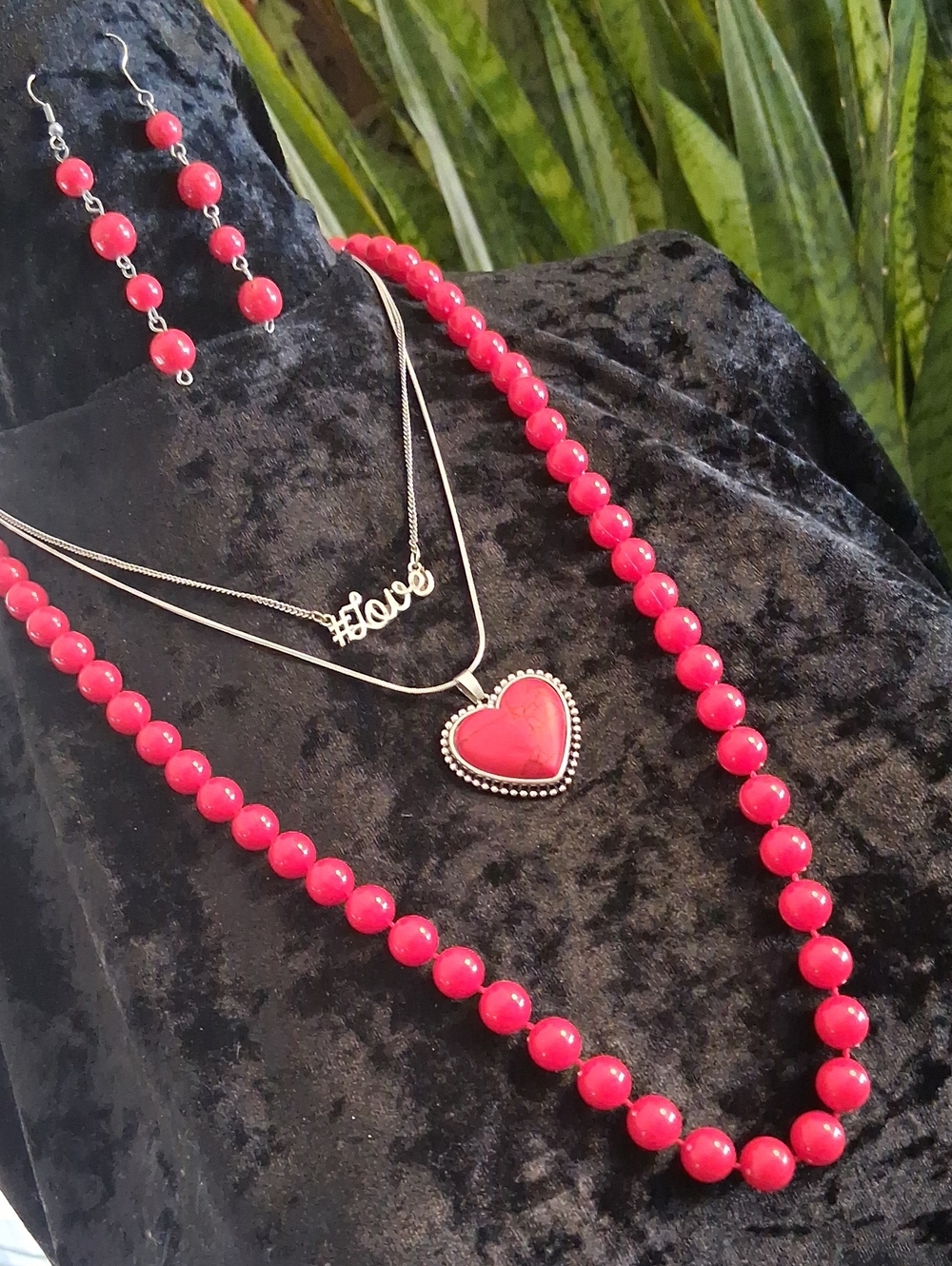 Red Heart Pendant Necklace Set with Beaded Statement Strand
